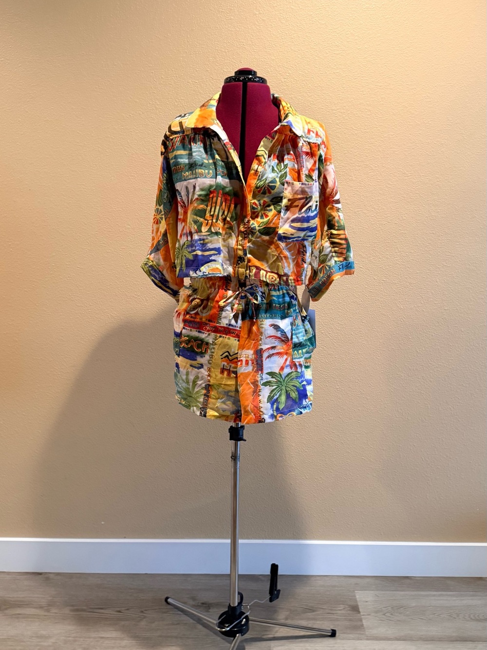 Tropical Print Drawstring Shirt - Multicolor Two Piece Set